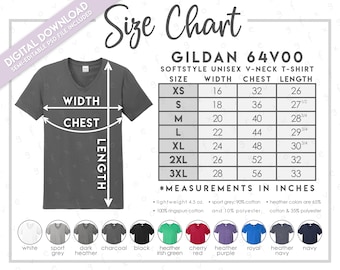 Semi-Editable Gildan 64V00 Size Chart + Color Chart • Gildan Softstyle V-Neck T-Shirt • Gildan 64V00 T-Shirt Color Chart • G64V Size Chart