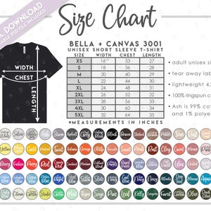Tabla de tallas y colores Bella + Canvas 3001 semieditable • Tabla de tallas de camisetas Bella Canvas • Tabla de colores BC3001