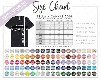 Semi-Editable Bella + Canvas 3001 Size + Color Chart • Bella Canvas T-Shirt Size Chart • BC3001 Color Chart