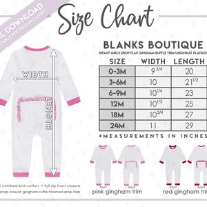 Semi-bewerkbare blanks Boutique peuterpakje voor baby's met flap en gingham ruches aan de zoom, boxpakje maat + kleurenkaart • maattabel boxpakje babypakje