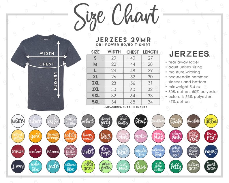 Jerzees 29MR Size Color Chart 48 COLORS Jerzees Dri - Etsy Canada