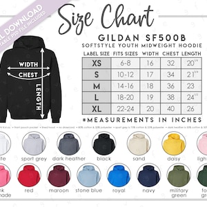 Puede incluir: Tabla de tallas para la sudadera con capucha Gildan SF500B Softstyle Youth Midweight. La tabla muestra las tallas XS a XL con las medidas de pecho, ancho y largo correspondientes en pulgadas. La tabla también incluye una guía de colores con 16 opciones de colores diferentes para la sudadera con capucha.