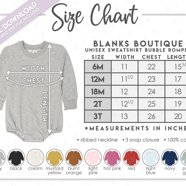 Semi-Editable Blanks Boutique Unisex Sweatshirt Bubble Romper Size + Color Chart • Blanks Boutique Sweatshirt Romper Size Chart • PSD