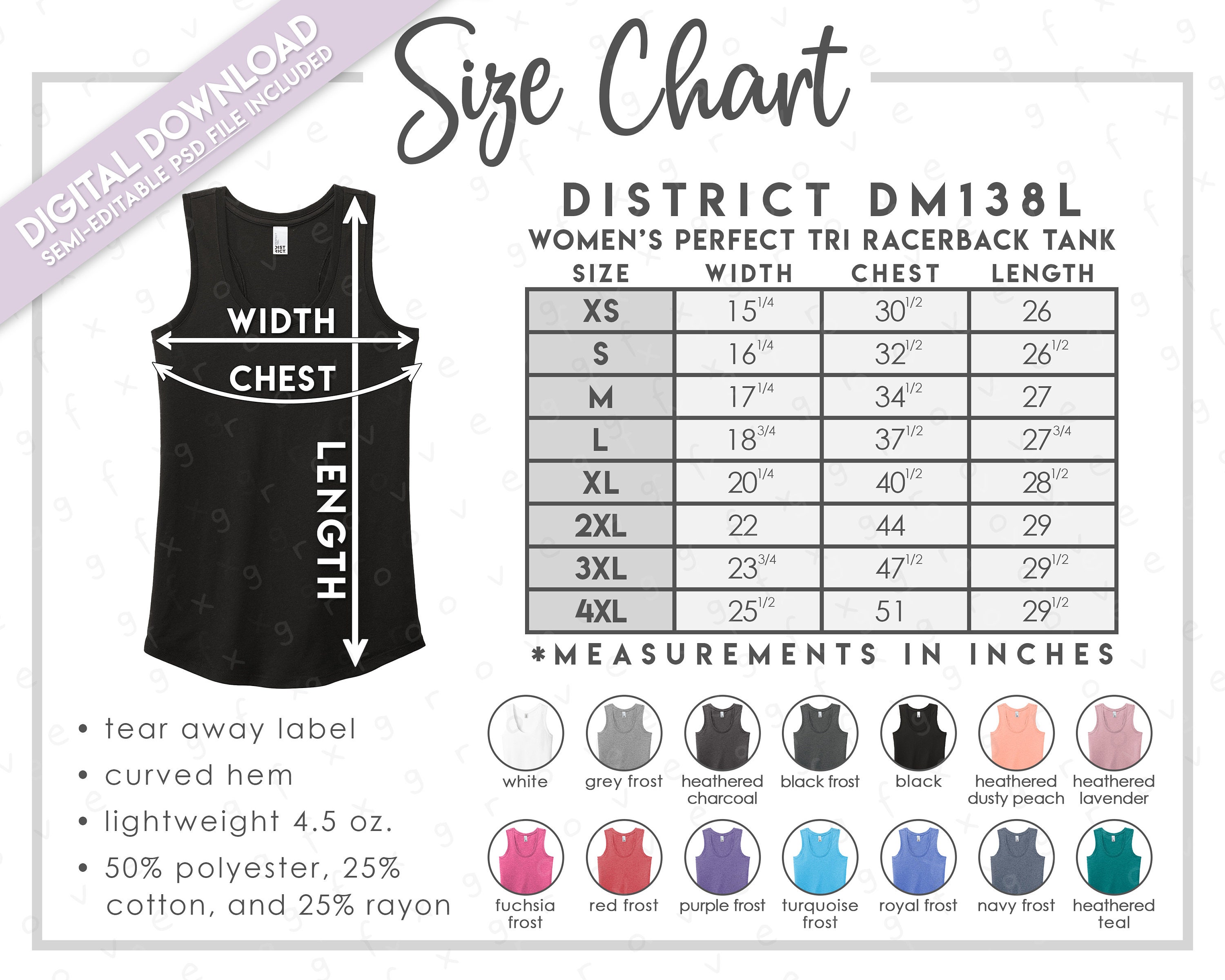 Semi-Editable District DM138L Size + Color Chart • District Women's Perfect Tri Racerback Tank Size Chart • District Tank Top Size Chart
