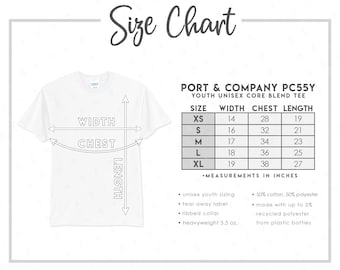 Port & Company PC55Y Size Chart • Port and Company Youth Unisex Core Blend T-Shirt Size Chart • Port and Company T Shirt • PC55Y Size Chart