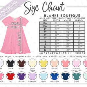 Semi-Editable Blanks Boutique Girl&#39;s Short Sleeve Empire Waist Ruffle Dress Size + Color Chart • Girl&#39;s Ruffle Dress Size Chart