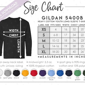 Semi-Editable Gildan 5400B Size Chart + Color Chart • Gildan Heavy Cotton Youth Long Sleeve T-Shirt Size Chart • 5400B • G540B