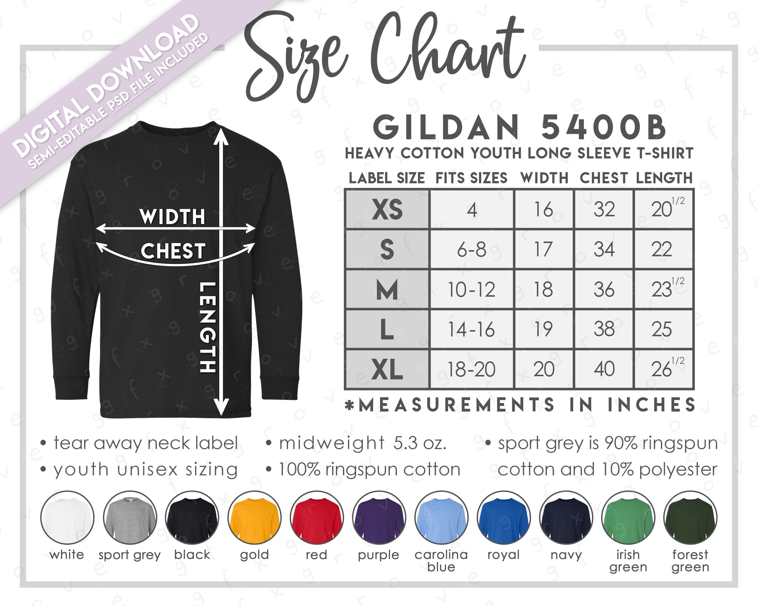 Semi-editable Gildan 5400B Size Chart + Color Chart • Gildan Heavy