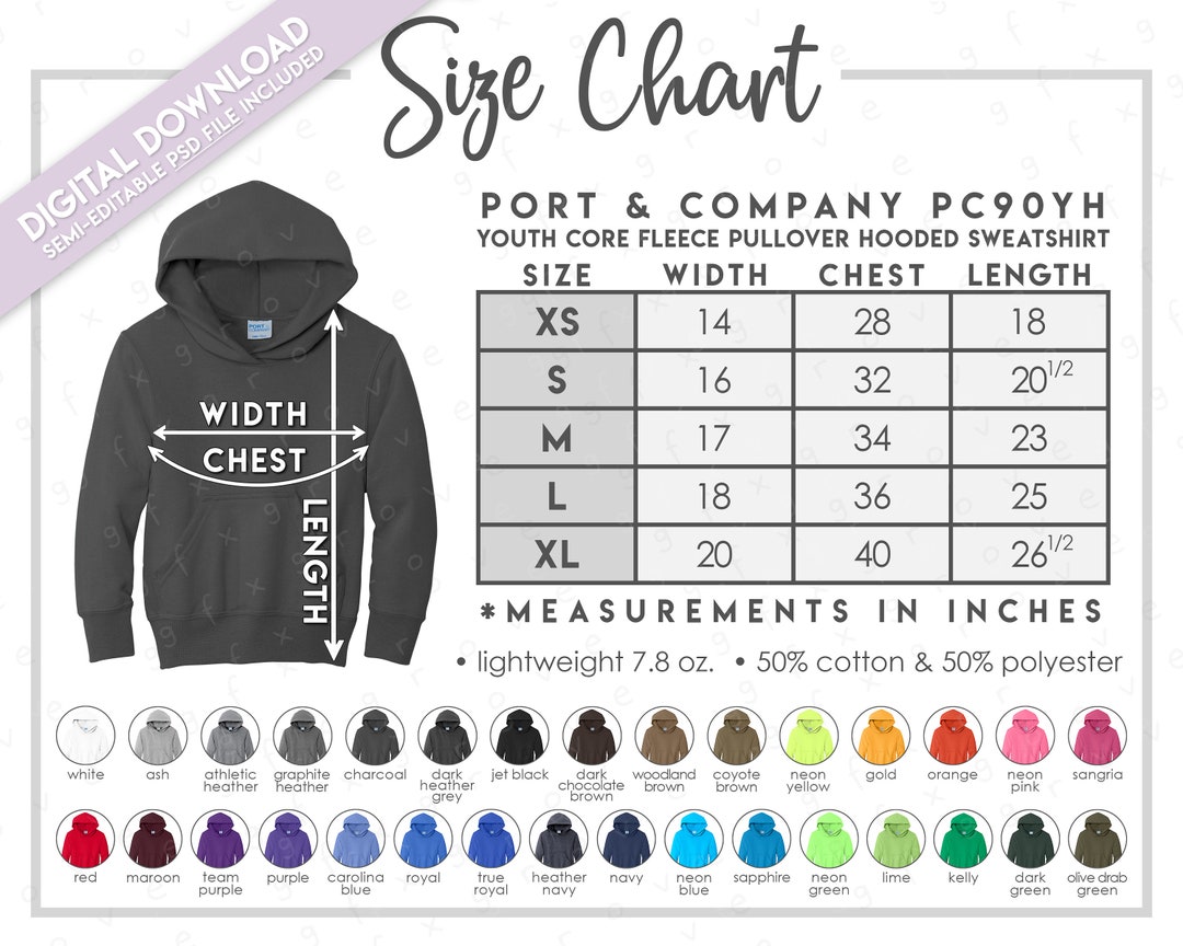 Semi-editable Port & Company PC90YH Size Color Chart Youth Core Fleece ...