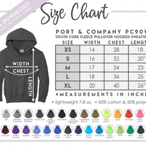Tabla de tallas y colores semieditable de Port & Company PC90YH • Tabla de tallas de sudadera con capucha de polar juvenil • Tabla de tallas PC90YH • PC 90YH