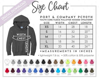 Semi-Editable Port & Company PC90YH Size + Color Chart • Youth Core Fleece Hooded Sweatshirt Size Chart • PC90YH Size Chart • PC 90YH