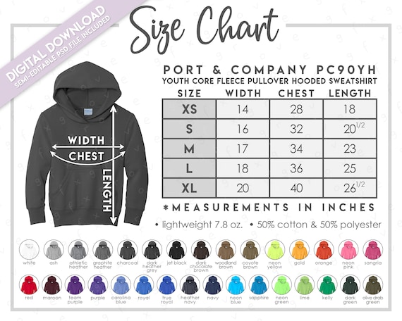 Semi-editable Port & Company PC90YH Size Color Chart Youth Core