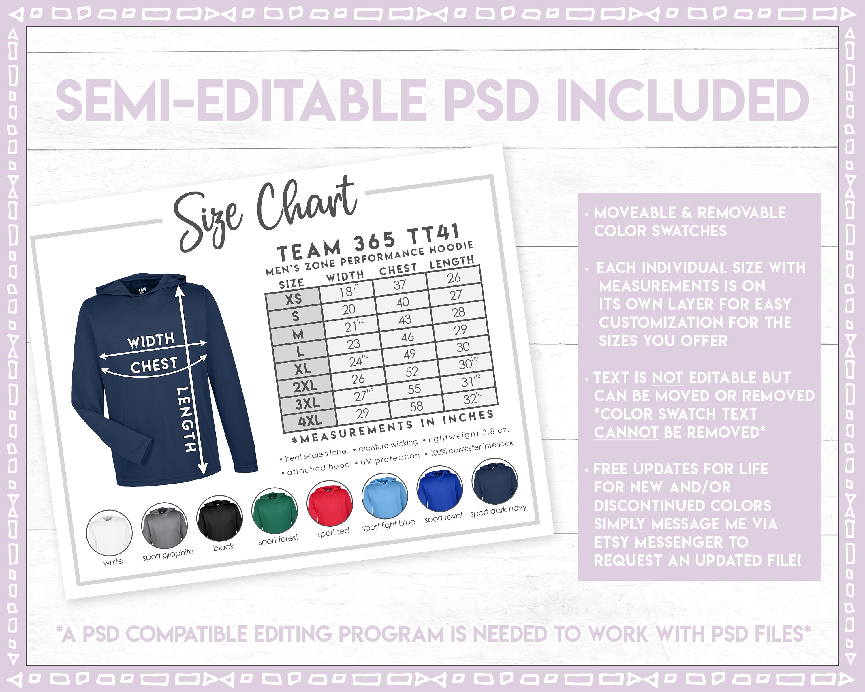 Semi-editable Team 365 TT41 Size + Color Chart • Team 365 Men's