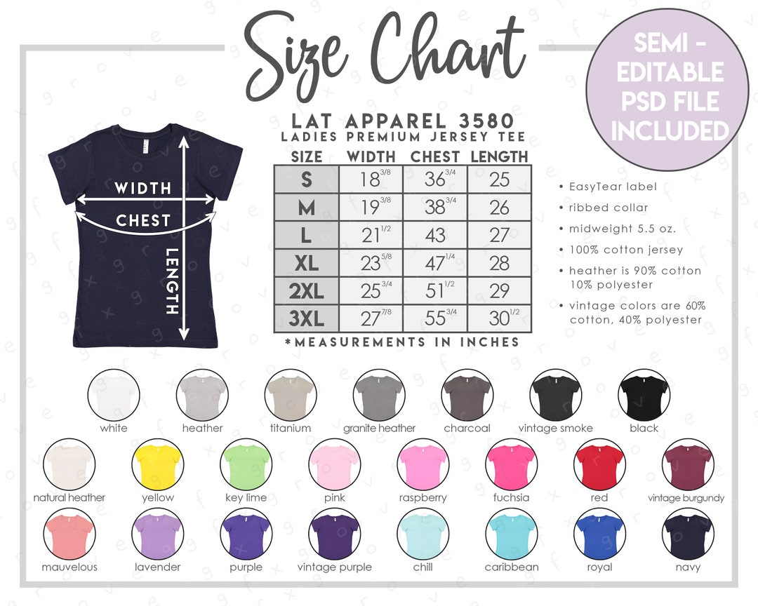 Semi-editable LAT Apparel 3580 Size Color Chart LAT Apparel Ladies ...