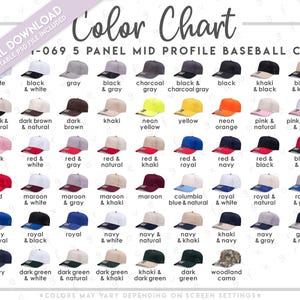 May include: A color chart for a 5-panel mid-profile baseball cap, displaying a grid of various solid and two-tone color combinations. Each cap is labeled with its corresponding color name, including options like black, white, khaki, and camo.
