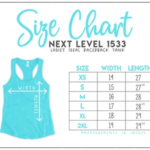 Next Level 1533 Size Chart - Next Level Ideal Racerback Tank Size Chart - Next Level Tank Top Size Chart - NL1533