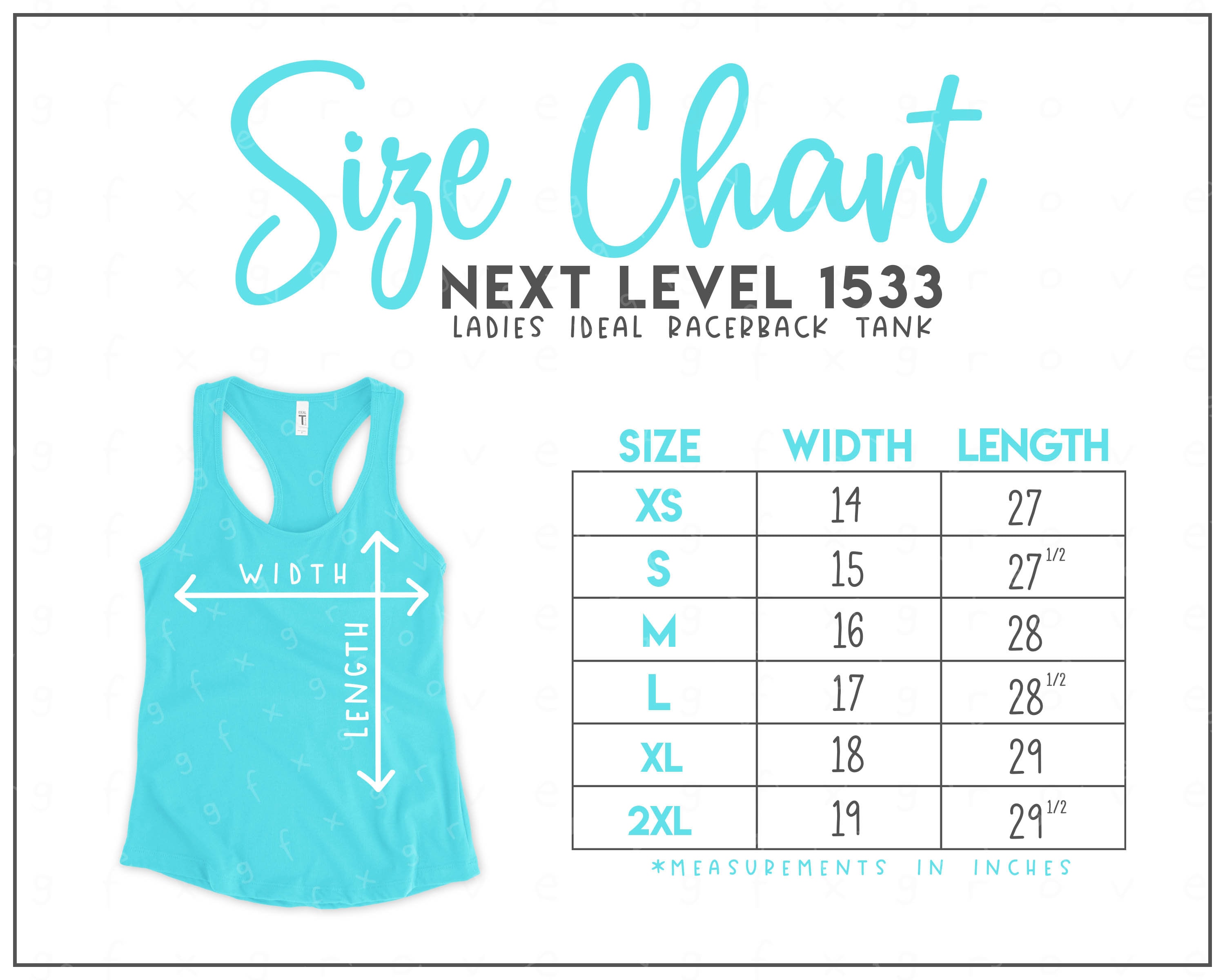 Next Level 1533 Size Chart - Next Level Ideal Racerback Tank Size Chart -  Next Level Tank Top Size Chart - NL1533