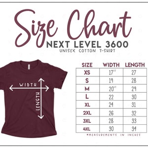 Next Level 3600 サイズ表 - Next Level ユニセックス コットン Tシャツ サイズ表 - Next Level Tシャツ サイズ表 - NL3600 サイズ表