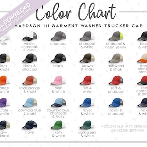 Tabla de colores semieditable Richardson 111 • Tabla de colores de gorras de camionero lavadas Richardson • Guía de colores de gorras Richardson