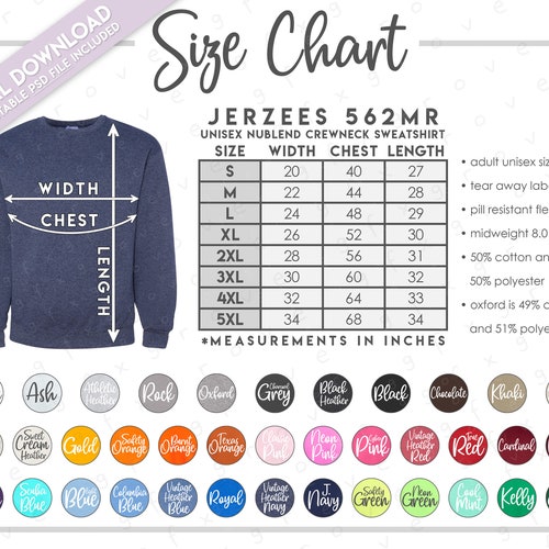 Semi-editable Jerzees 562MR Size Color Chart Jerzees - Etsy