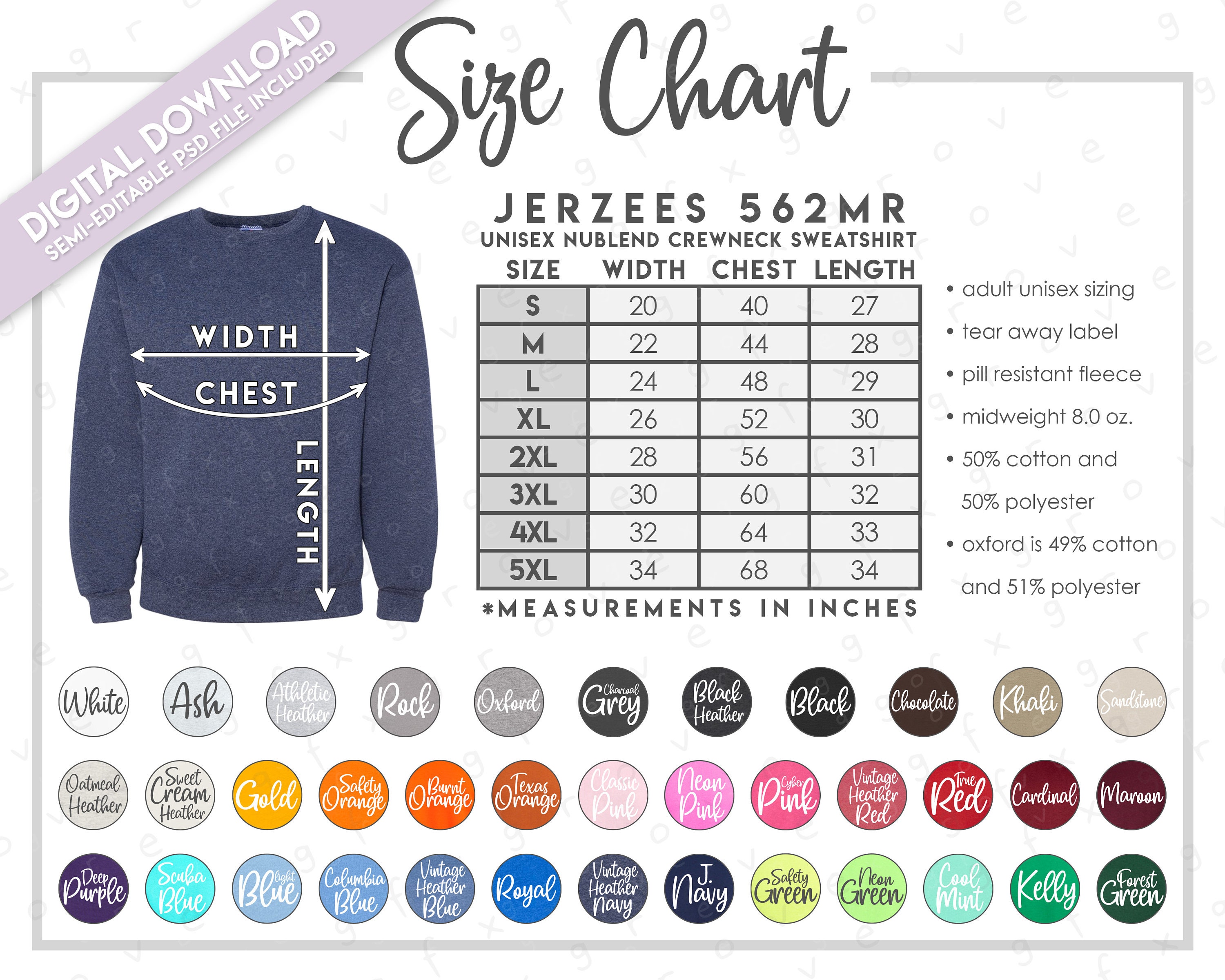 Jerzees 562MR Editable Color Chart And Size Chart | canoeracing.org.uk