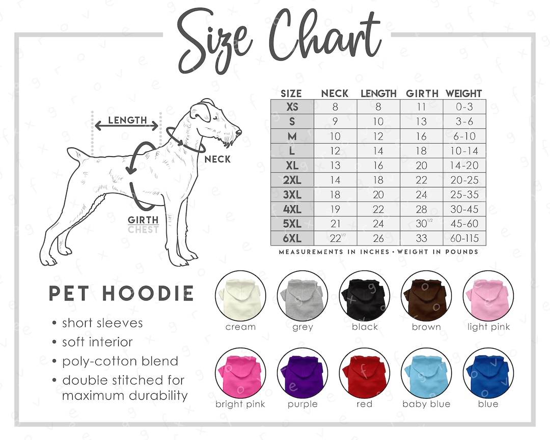 Pet Hoodie Size Color Chart 10 COLORS Dog Hoodie Size Etsy