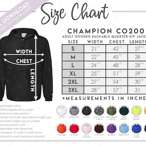 May include: Size chart for Champion CO200 adult hooded packable quarter-zip jacket. The chart shows sizes S through 3XL with corresponding measurements in inches for width, chest, and length. The chart also includes a color swatch key with 12 different color options.