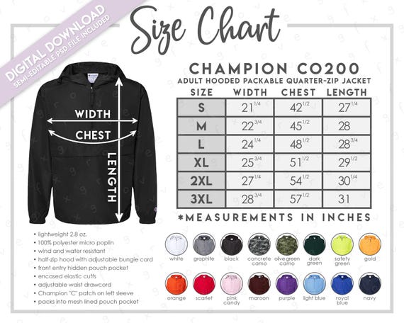 Semi-editable Champion CO200 Size + Color Chart • Champion Adult