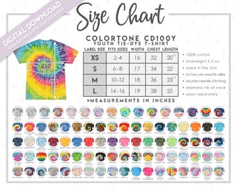 Semi-Editable Colortone CD100Y Size + Color Chart • Youth Unisex Tie-Dye T-Shirt Size Chart • Colortone 1000Y Size Chart • CD 100Y