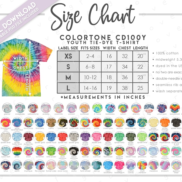 Semi-Editable Colortone CD100Y Size + Color Chart • Youth Unisex Tie-Dye T-Shirt Size Chart • Colortone 1000Y Size Chart • CD 100Y