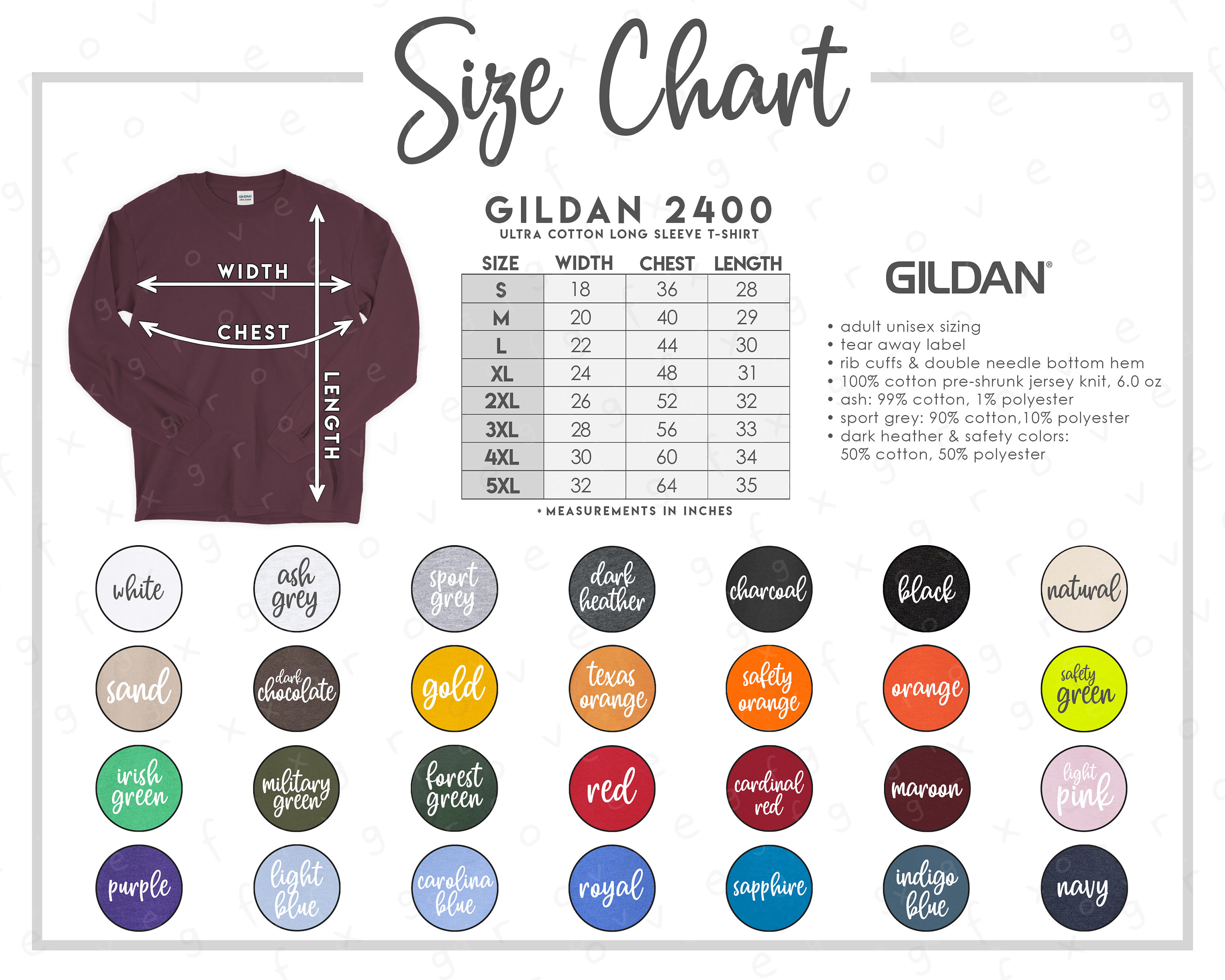 Gildan 2400 Size Chart Color Chart ALL 28 COLORS Gildan | Etsy