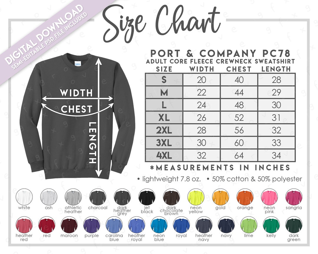 Semi-editable Port & Company PC78 Size Color Chart Core Fleece Crewneck ...
