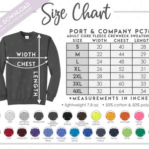 Semi-modifiable Port & Company PC78 – Tableau des tailles + couleurs • Tableau des tailles du sweat-shirt col rond en polaire • Tableau des tailles PC78 • PC 78