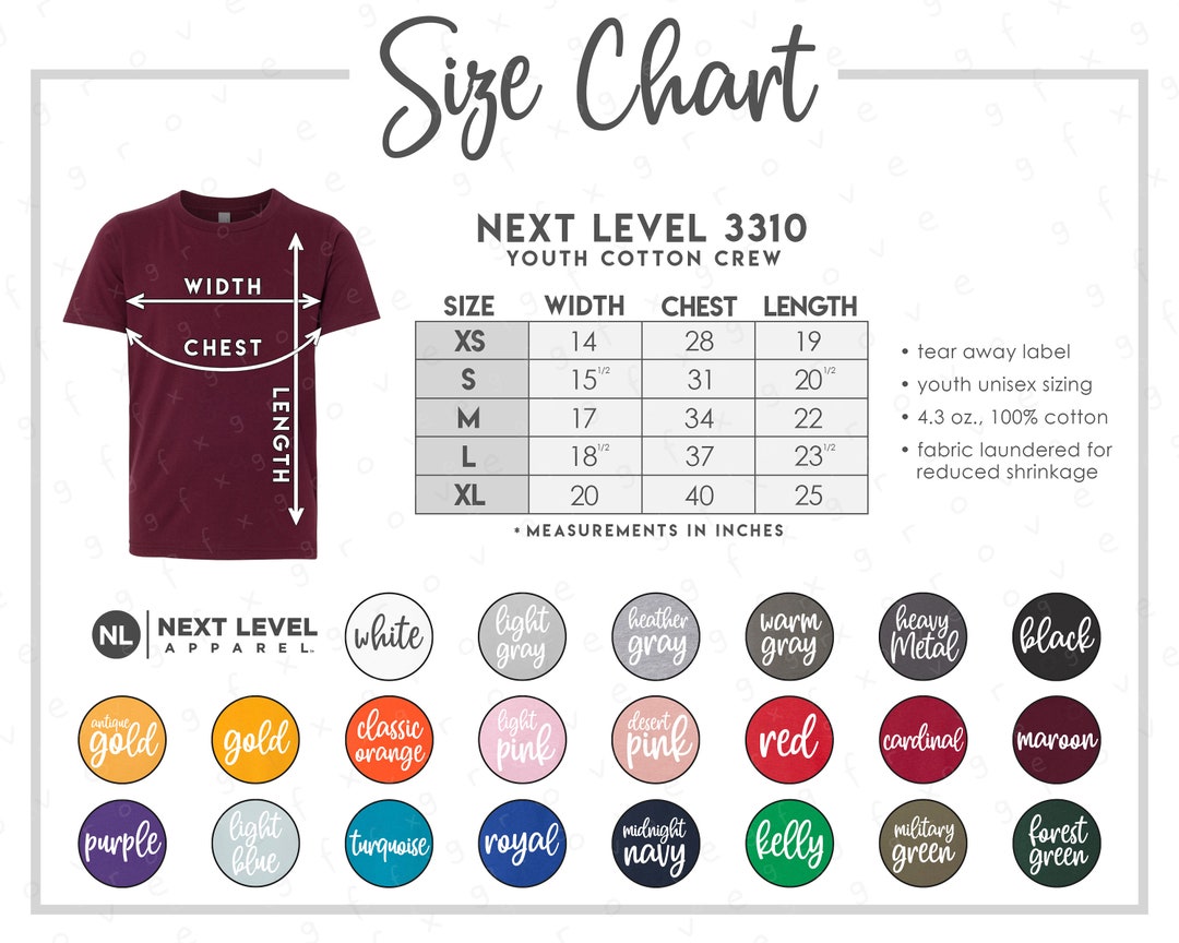 Next Level 3310 Size Color Chart 22 COLORS Next Level - Etsy Hong Kong