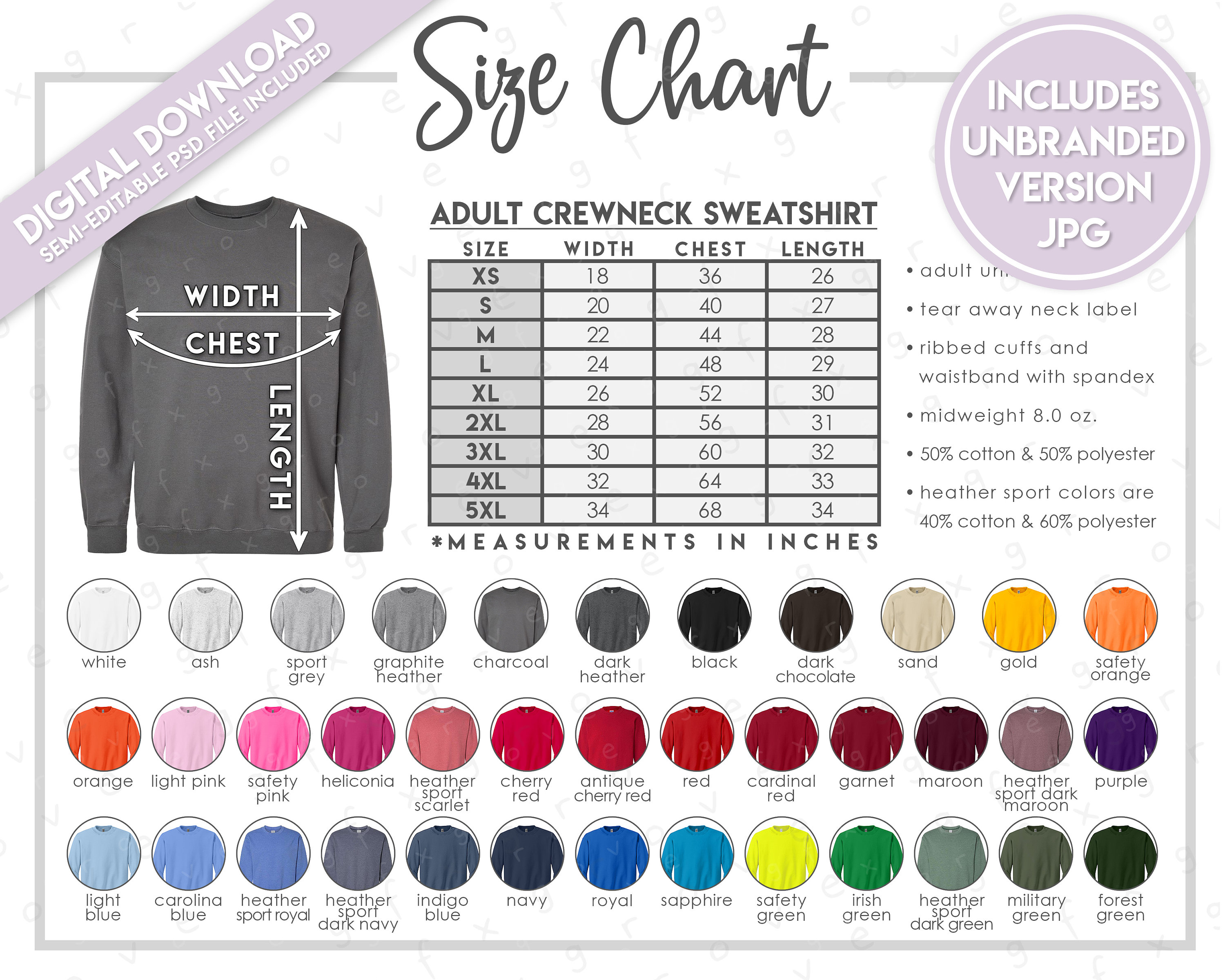 Semi-editable Gildan 18000 Size Chart + Color Chart • Gildan Semi-editable Gildan 18000 Size Chart + Color Chart • Gildan