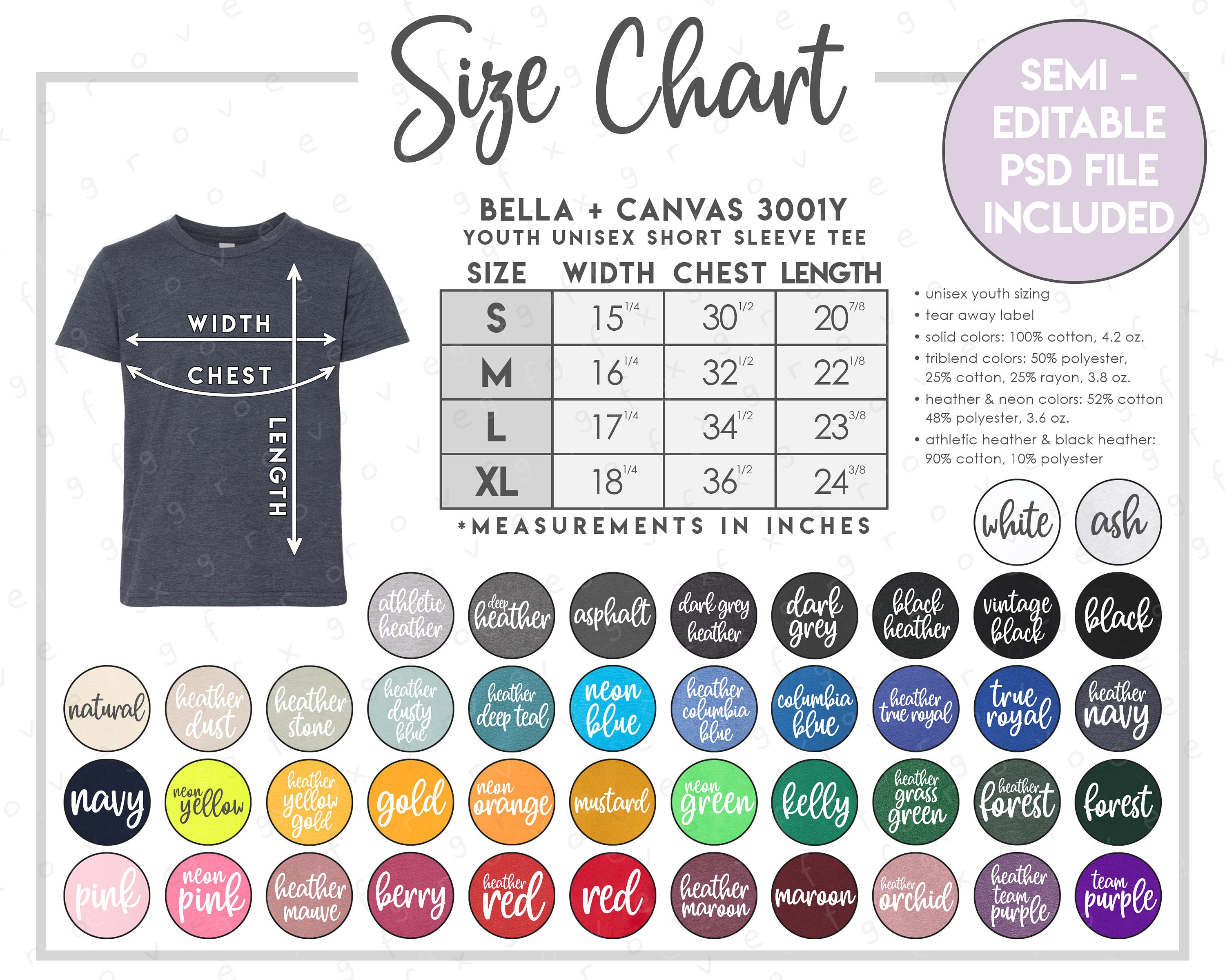 Semi-Editable Bella Canvas 3001Y Size Color Chart Bella | Etsy