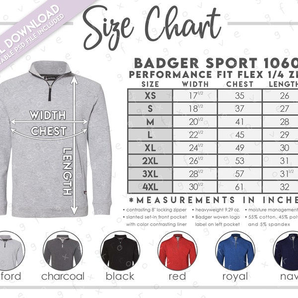 Semi-Editable Badger Sport 1060 Size + Color Chart • Badger Performance Fit Flex 1/4 Zip • Badger Sport Quarter Zip Pullover