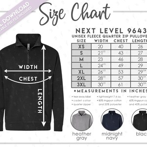 Semi-Editable Next Level 9643 Size + Color Chart • Next Level Size Chart • Next Level Quarter Zip Pullover • NL9643 • 9643 Color Chart
