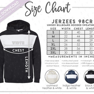 Semi-Editable Jerzees 98CR Size + Color Chart • Jerzees Billboard Hooded Sweatshirt Size Chart • Jerzees Hoodie • Jerzees 98 CR