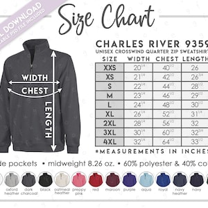 Semi-Editable Charles River 9359 Size + Color Chart • Unisex Crosswind Quarter Zip Sweatshirt Size Chart • CR9359 Size Chart • CR 9359