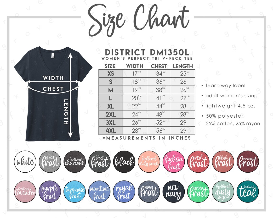 District DM1350L Size Color Chart District Women's - Etsy