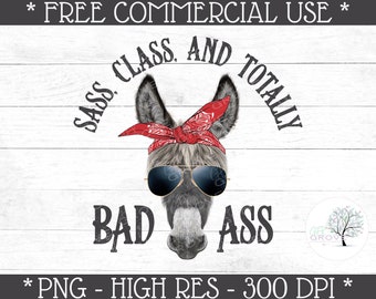 Funny Donkey Print File - Sass, Class, and Totally Bad Ass - Donkey Clipart - Funny Sublimation - Bad Ass Donkey PNG
