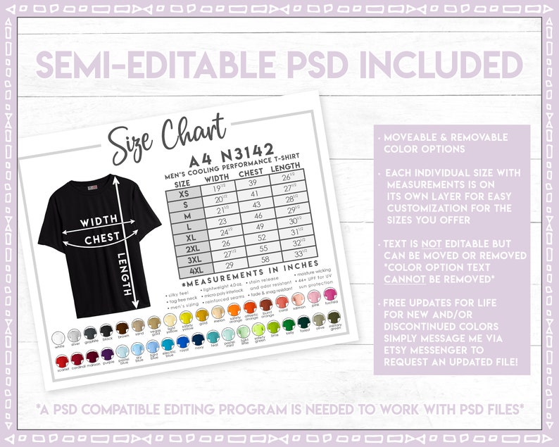 May include: A size chart for men's cooling performance t-shirts. The chart shows the width, chest, and length measurements in inches for sizes XS to 4XL. The chart also includes information about the product's features, such as moisture-wicking, anti-microbial, and UV protection. A PSD file is included for editing.