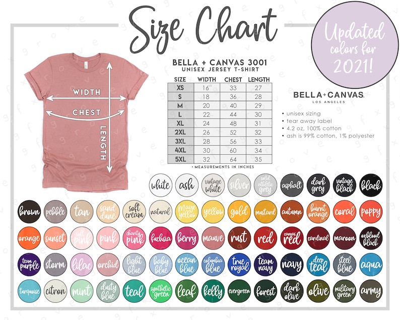 Updated For New 2021 Colors Color Chart U2022 65 Colors Canvas 3001 Size U2022 Bella Canvas T Shirt Size Chart U2022 Color Chart Bella Digital Art Collectibles Dekorasyonu Net