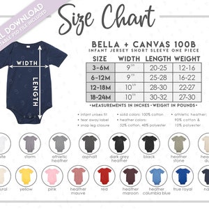 Tabla de tallas y colores Bella + Canvas 100B semieditable • Tabla de tallas de monos de bebé Bella Canvas • Tabla de colores Bella Canvas 100B