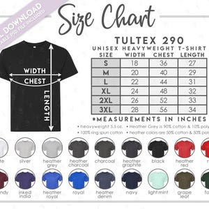 Może przedstawiać: Tabela rozmiarów dla unisexowych koszulek typu t-shirt o dużej gramaturze od Tultex, pokazująca wymiary w calach dla szerokości, klatki piersiowej i długości. Tabela zawiera rozmiary S, M, L, XL, 2XL i 3XL. Tabela zawiera również informacje o składzie tkaniny, który dla Heather Grey wynosi 90% bawełny i 10% poliestru, a dla innych kolorów Heather 50% bawełny i 50% poliestru.