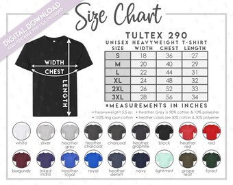 Semi-Editable Tultex 290 Size + Color Chart • Tultex Unisex Heavyweight T-Shirt Size Chart • T290 Size Chart • 290tc Color Chart