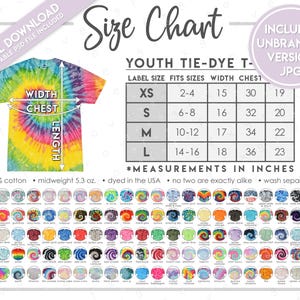 May include: A size chart for youth tie-dye t-shirts. The chart shows the label size, fits sizes, width, chest, and length in inches. The chart also includes a tie-dye t-shirt design and a list of colour options.