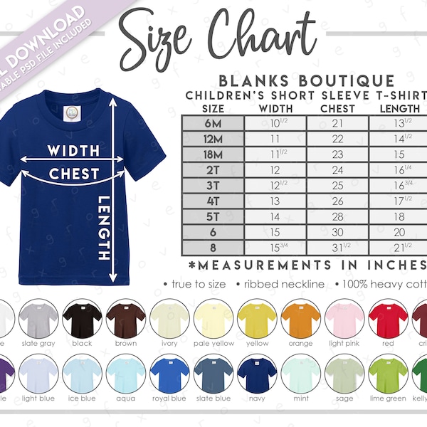 Semi-Editable Blanks Boutique Short Sleeve T-Shirt Size + Color Chart • Blanks Boutique Boys Short Sleeve Tee Size Chart