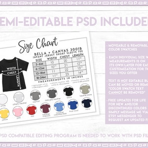 May include: Size chart for Bella + Canvas 3001B infant jersey short sleeve tee. The chart shows sizes from 3-6 months to 18-24 months with corresponding width, chest, and length measurements in inches. The chart also includes a color swatch of different colors available for the tee.